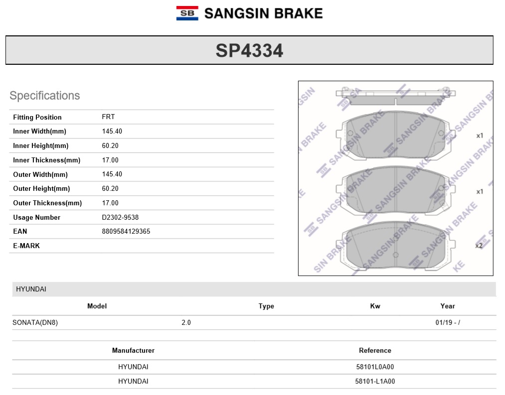 SP4334 Sangsin Колодки тормозные передние к-кт от производителя по спец  цене купить в Ростове-на-Дону