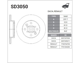 Диск тормозной передний не вентилируемый для Renault Sandero 2009-2014 новый