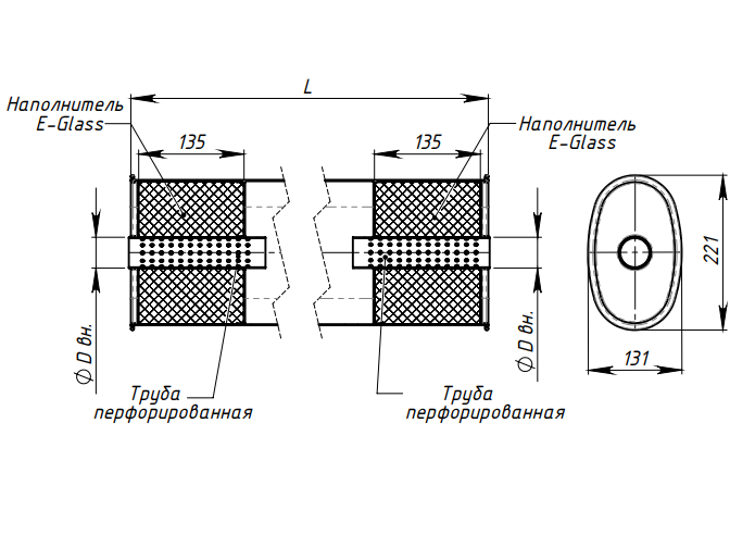 Глушитель универсальный овальный (L=485  d=42) 131х221 (TRIALLI)